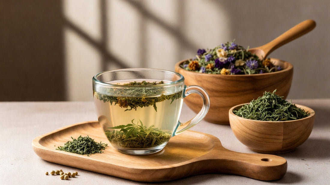 Hemp tea leaves and flowers in a white cup on natural background