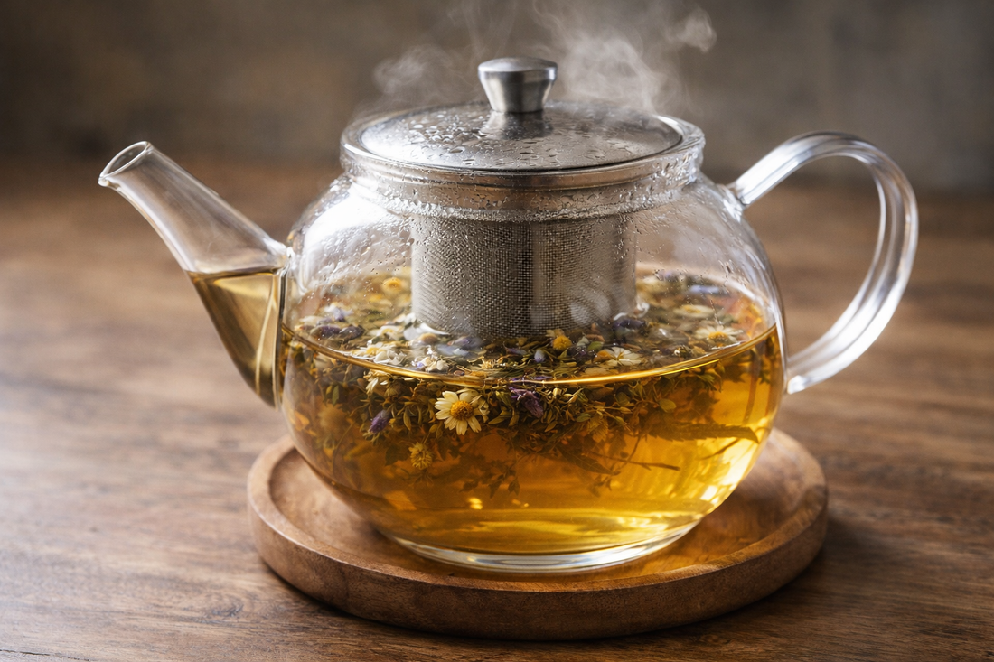 brewing hemp tea in glass teapot with chamomile and lavender