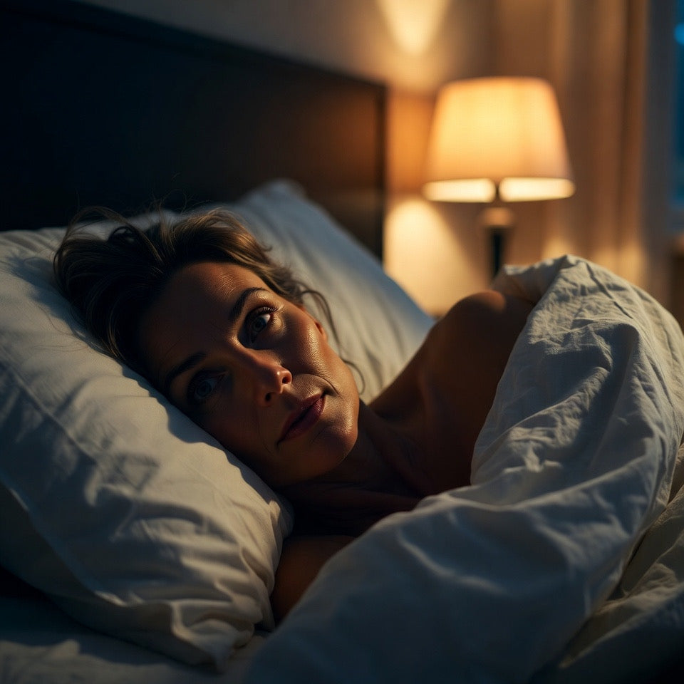 tired woman lying awake in bed at night unable to sleep