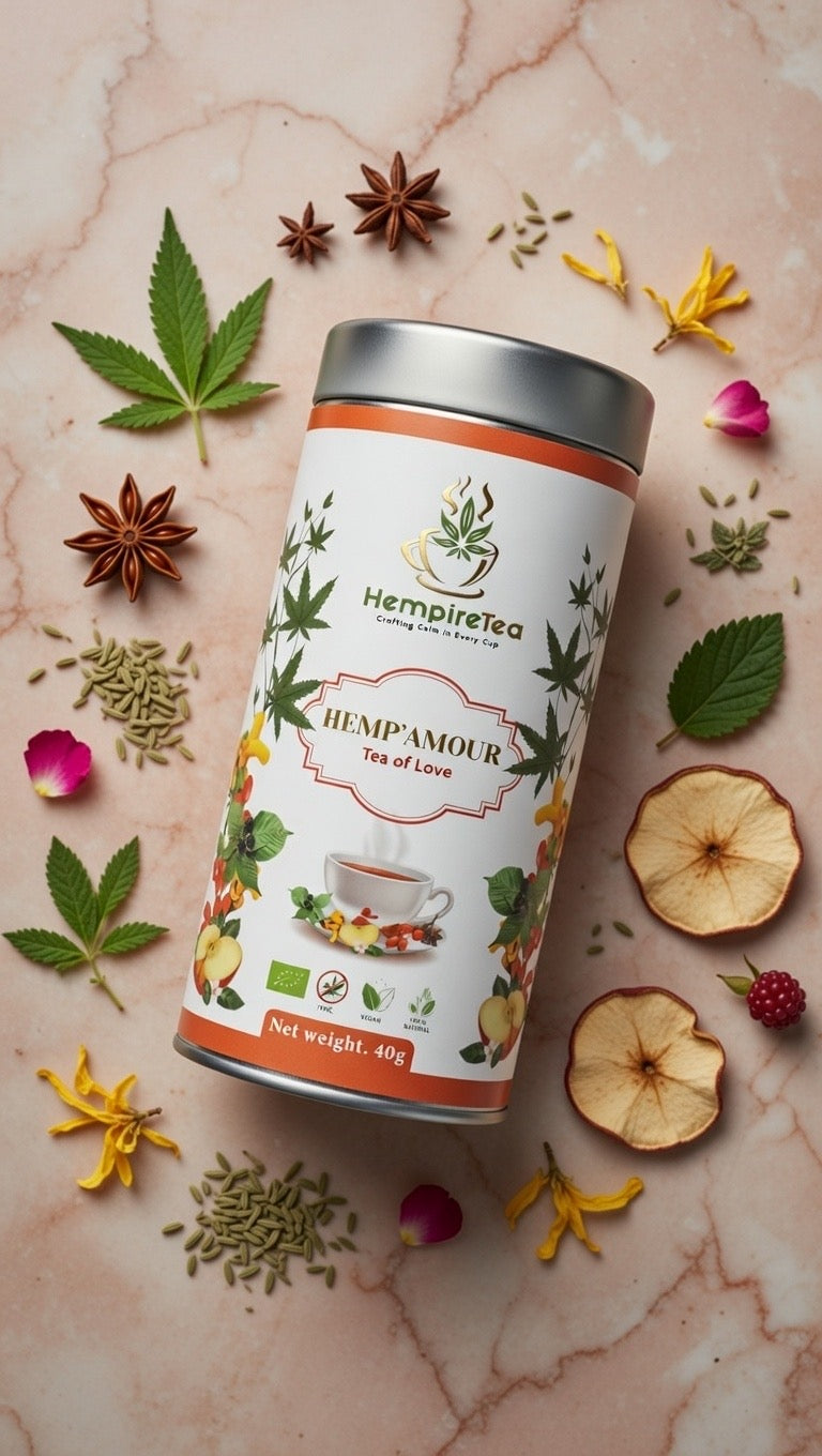 Hemp'Amour stress relief tea - natural caffeine-free blend with blackberry leaves and honeybush

