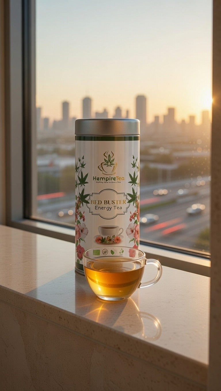 Bed Buster wellness tea by HempireTea - energizing herbal blend for long days without jitters
