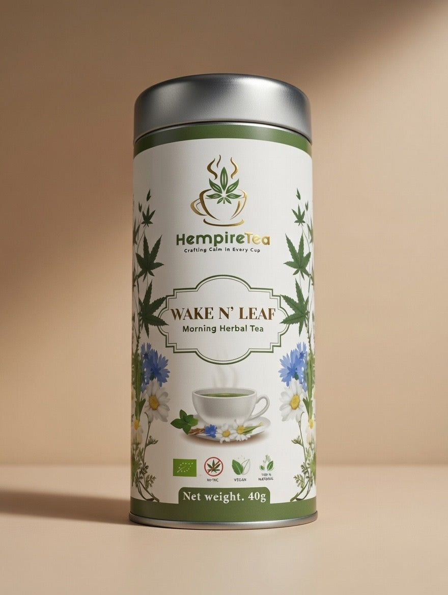 Wake N' Leaf morning hemp tea - gentle energy blend with peppermint and lemon balm for caffeine-free awakening
