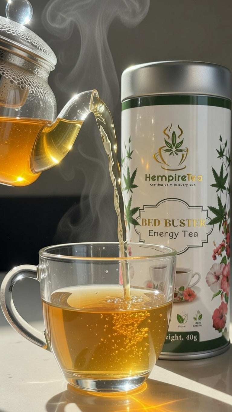 Bed Buster afternoon tea - natural caffeine hemp infusion with honeybush and hibiscus for focus
