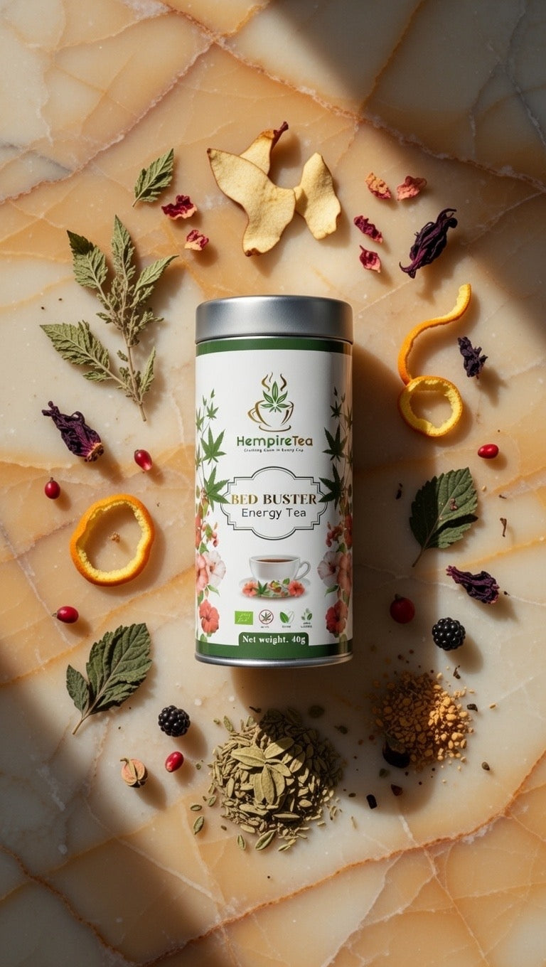 Bed Buster vegan energy tea - fruity blend with apple, blackberry leaf and orange peel for smooth lift
