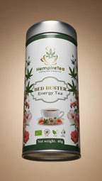 Bed Buster loose leaf tea ingredients - hemp, yerba mate, hibiscus, rosehip and pomegranate for energy
