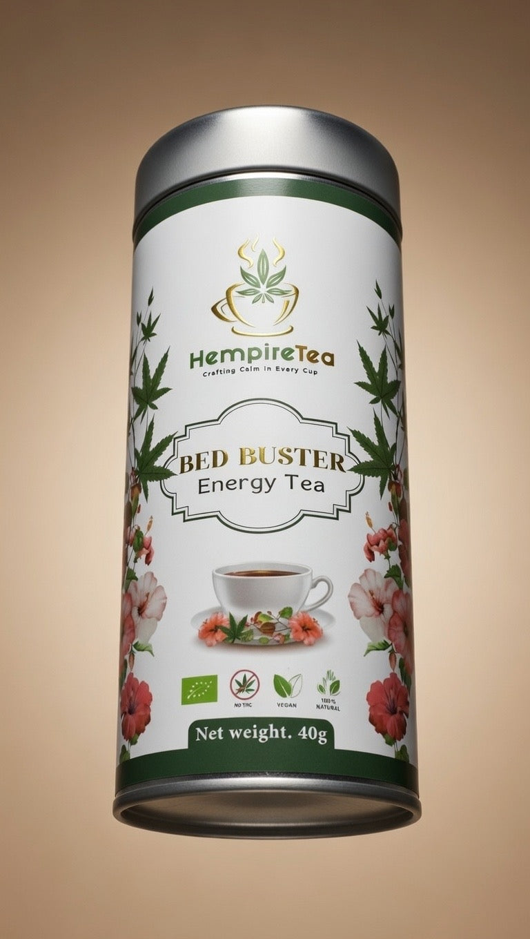 Bed Buster loose leaf tea ingredients - hemp, yerba mate, hibiscus, rosehip and pomegranate for energy
