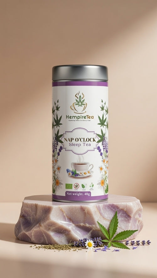 Nap O' Clock loose leaf tea ingredients - hemp leaves, chamomile flowers, lavender and sage for relaxation
