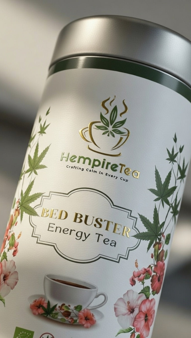 Bed Buster tea packaging - caffeinated herbal blend with yerba mate for long-lasting energy without crashes

