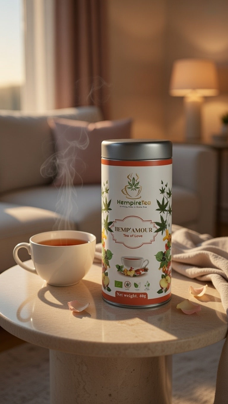 Hemp'Amour tea packaging - emotionally grounding herbal blend for relaxation and self-care

