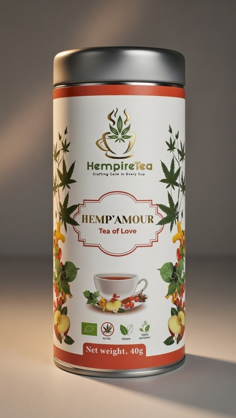 Hemp'Amour vegan herbal tea - soft floral blend with apple sweetness and warm anise notes
