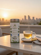 Wake N' Leaf herbal tea close-up - premium hemp leaves with fresh mint and chamomile flowers
