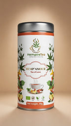 Hemp'Amour calming herbal tea blend with hemp leaves, rose petals and apple - caffeine-free wellness tea
