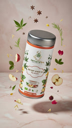 Hemp'Amour herbal tea close-up - premium hemp leaves with rose petals and apple pieces
