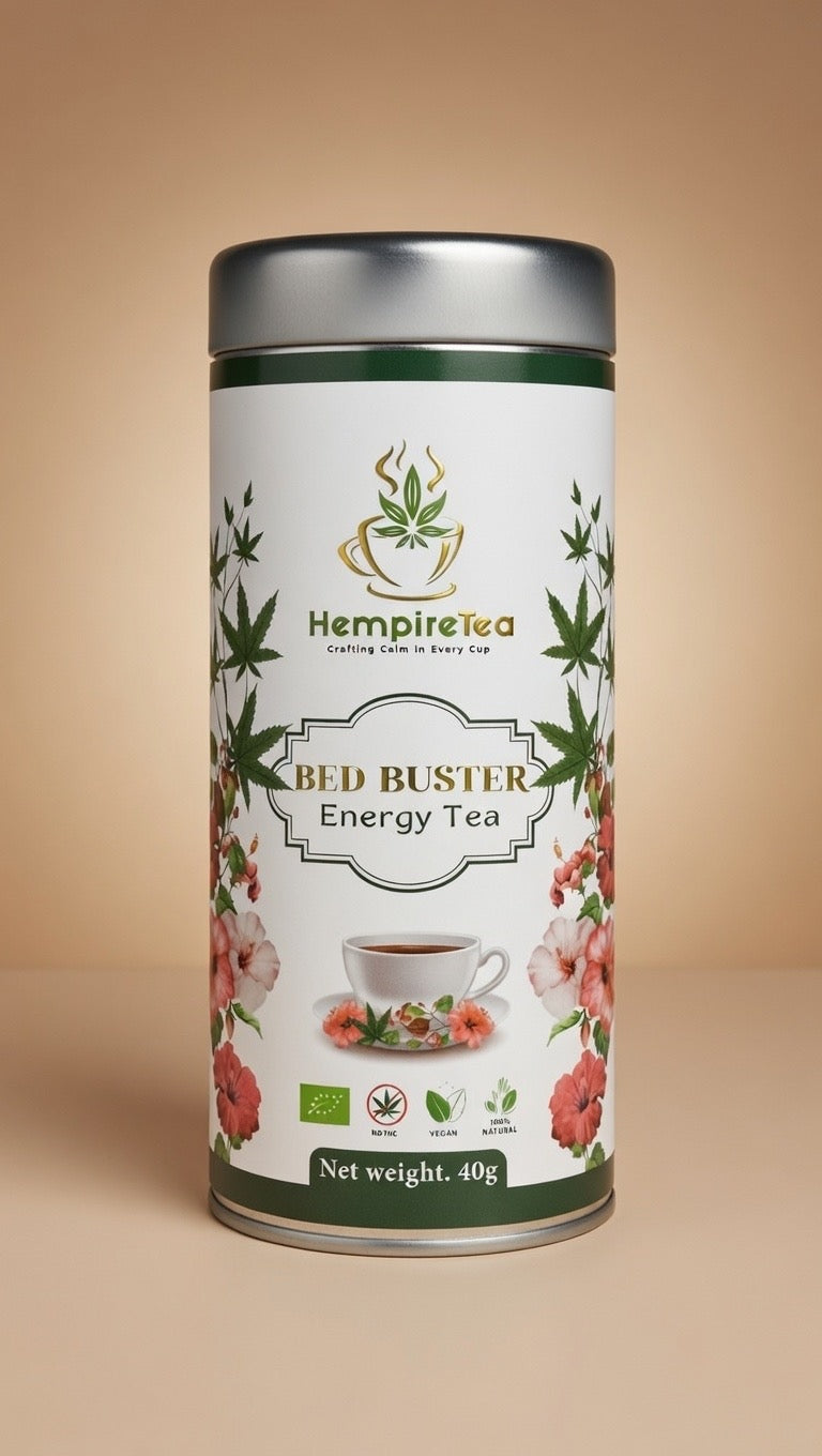 Bed Buster energy hemp tea - natural caffeine blend with yerba mate for sustained focus and alertness
