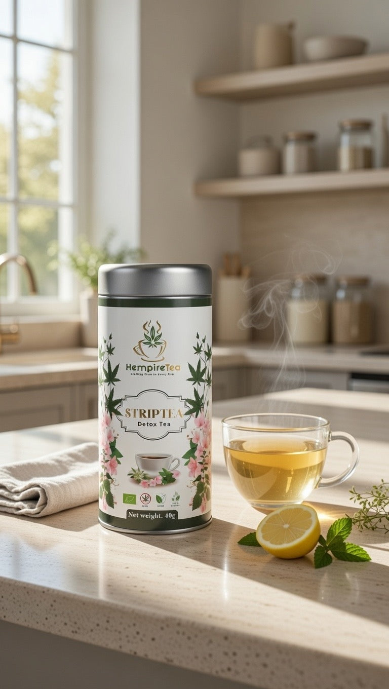 Striptea tea packaging - caffeine-free citrus detox blend for bloating relief and natural cleansing
