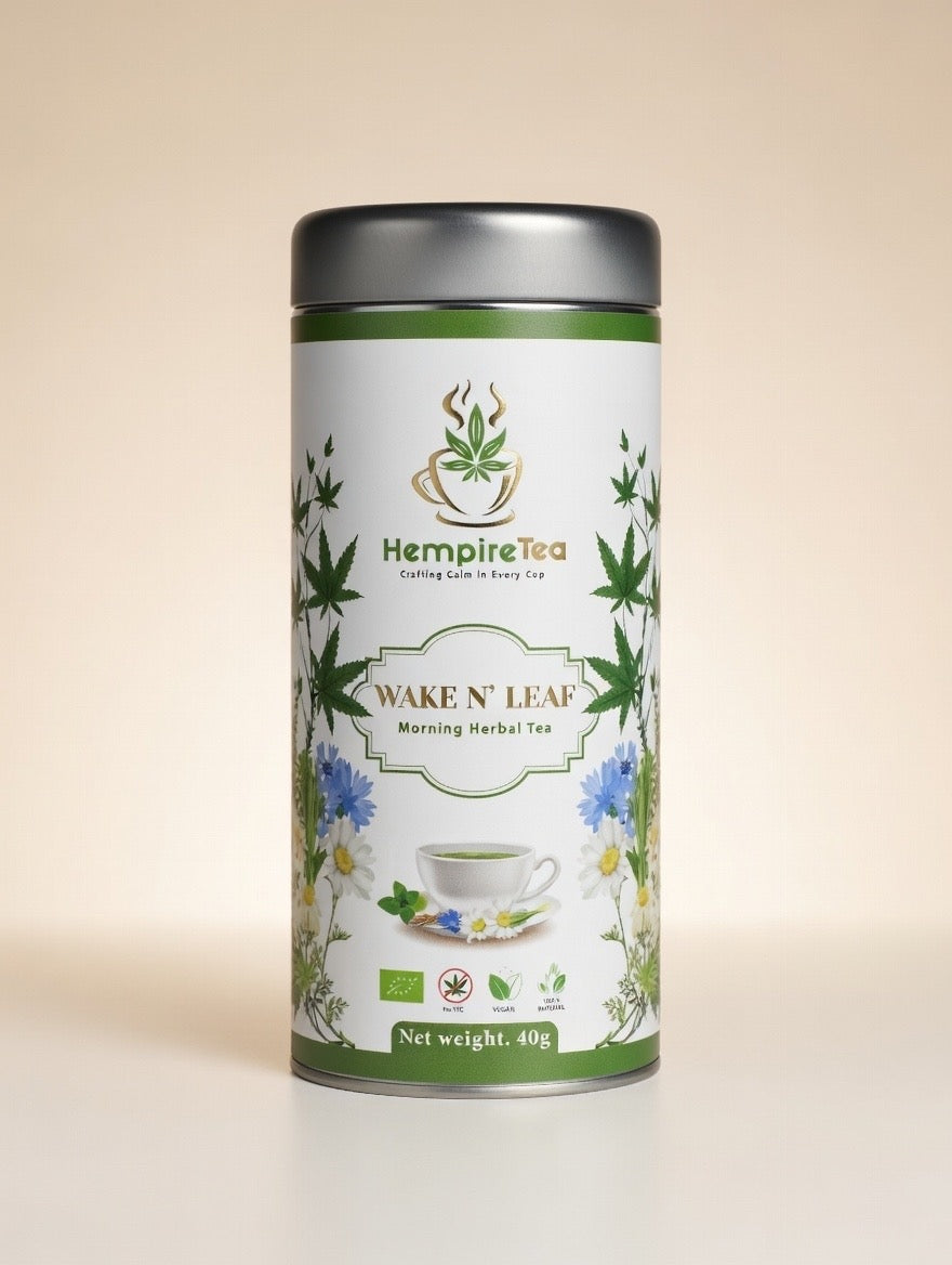 Wake N' Leaf loose leaf tea ingredients - hemp leaves, peppermint, fennel, chamomile and lemongrass

