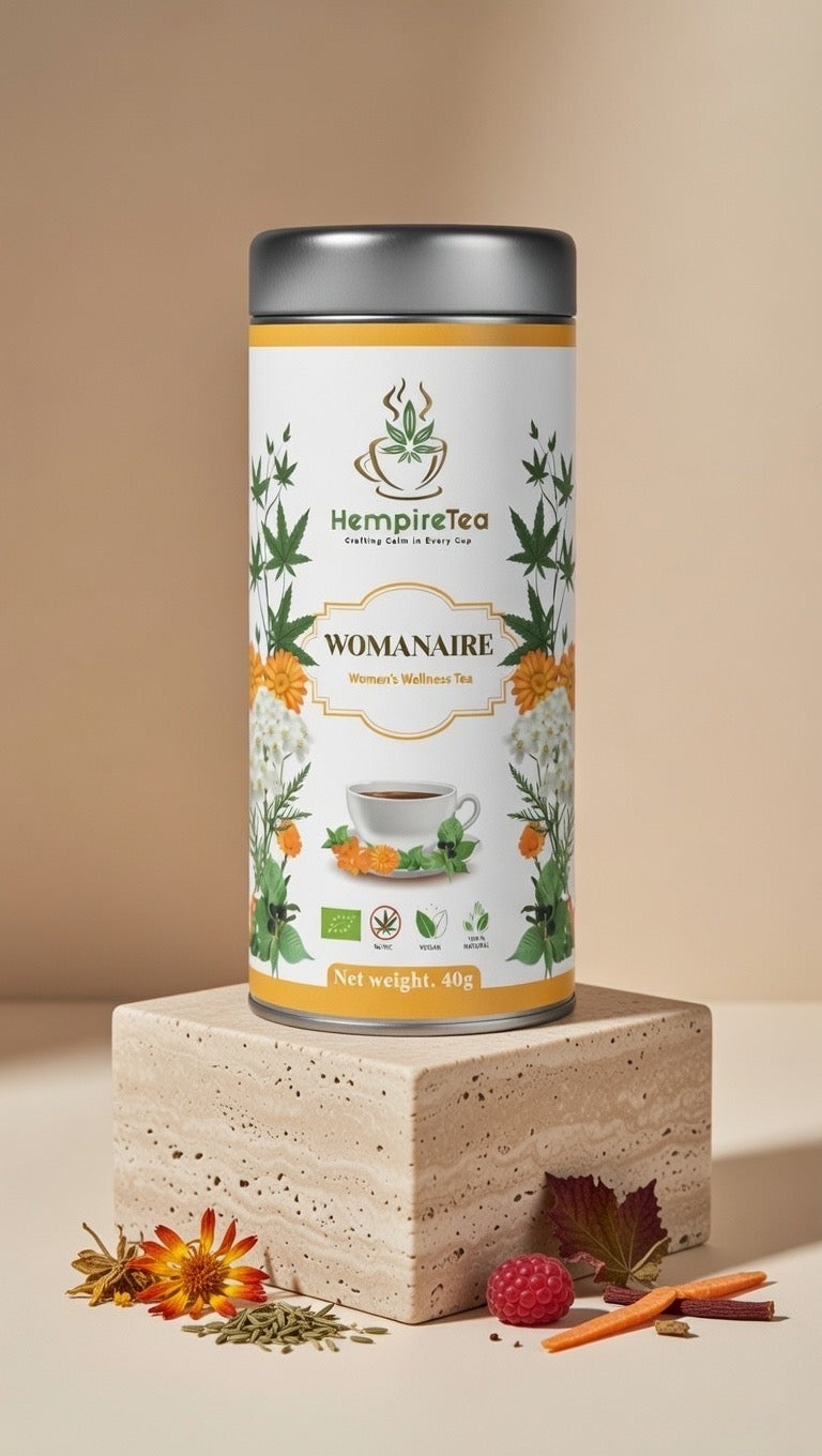 Womanaire loose leaf tea ingredients - hemp, raspberry leaf, yarrow, calendula and peppermint for hormonal harmony

