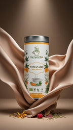 Womanaire tea packaging - caffeine-free herbal blend for menstrual support and hormonal balance
