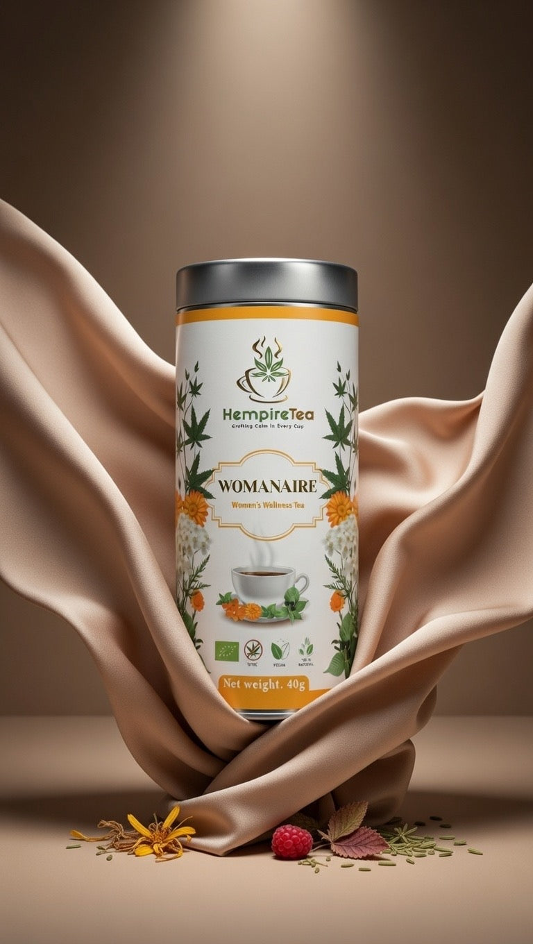 Womanaire tea packaging - caffeine-free herbal blend for menstrual support and hormonal balance
