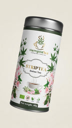 Striptea herbal tea close-up - premium hemp leaves with fresh lemon herbs and rose blossoms
