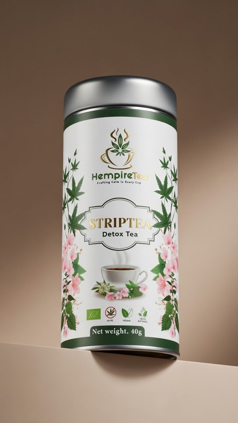 Striptea loose leaf tea ingredients - hemp leaves, lemongrass, lemon balm, nettle and rose blossoms
