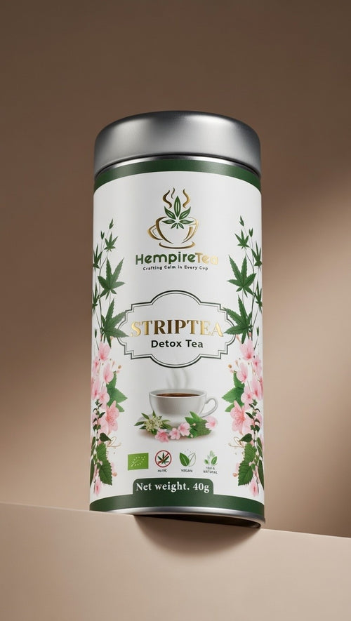 Striptea loose leaf tea ingredients - hemp leaves, lemongrass, lemon balm, nettle and rose blossoms
